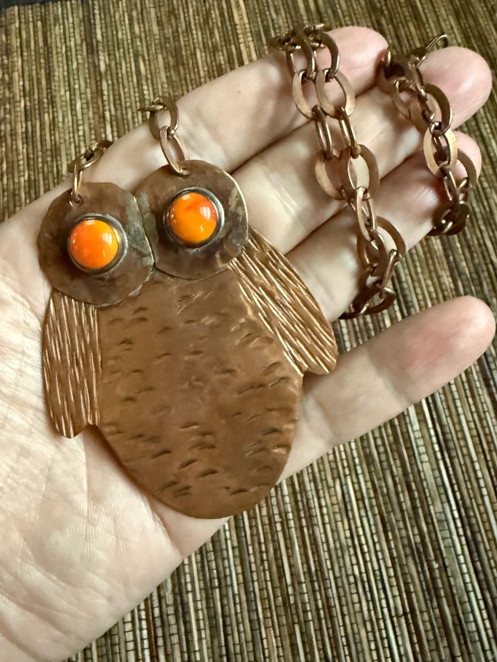 Rafael Canada Owl Necklace Copper Orange Brutalist Modernist Alfandary MCM